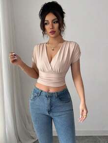 Camiseta casual de mujer con cuello en V y cruce en la cintura - Caqui - Ver 6