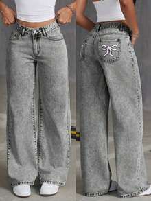 Pantalones vaqueros de pierna ancha con estampado de mariposa y ajuste holgado para adolescentes - Gris Claro - Ver 1
