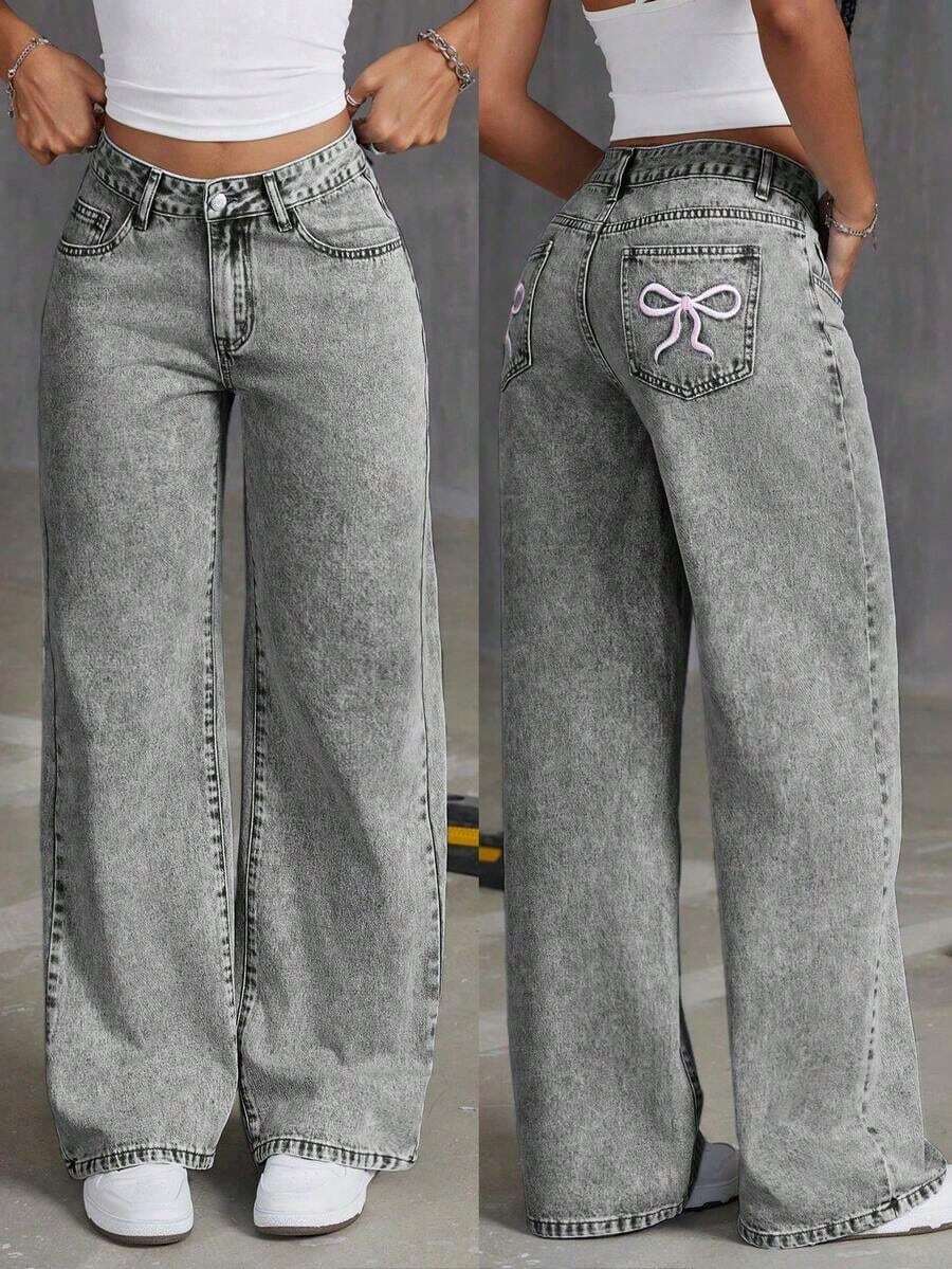 Pantalones vaqueros de pierna ancha con estampado de mariposa y ajuste holgado para adolescentes - Gris Claro - Ver 1