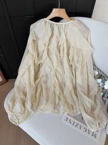 Camisa casual y elegante de mujer con mangas largas, diseño de volantes en capas y unicolor, adecuada para festivales de música/temporada de bodas, primavera/verano - Beis - Ver 7