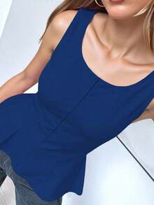 1 pieza Blusa informal de tejido de punto con volante y unicolor, apropiada para el verano - Azul marino - Ver 4