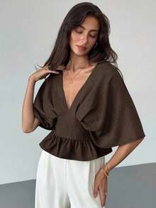 Blusa de manga de murciélago de unicolor elegante para mujer, de verano - Café integral - Ver 5