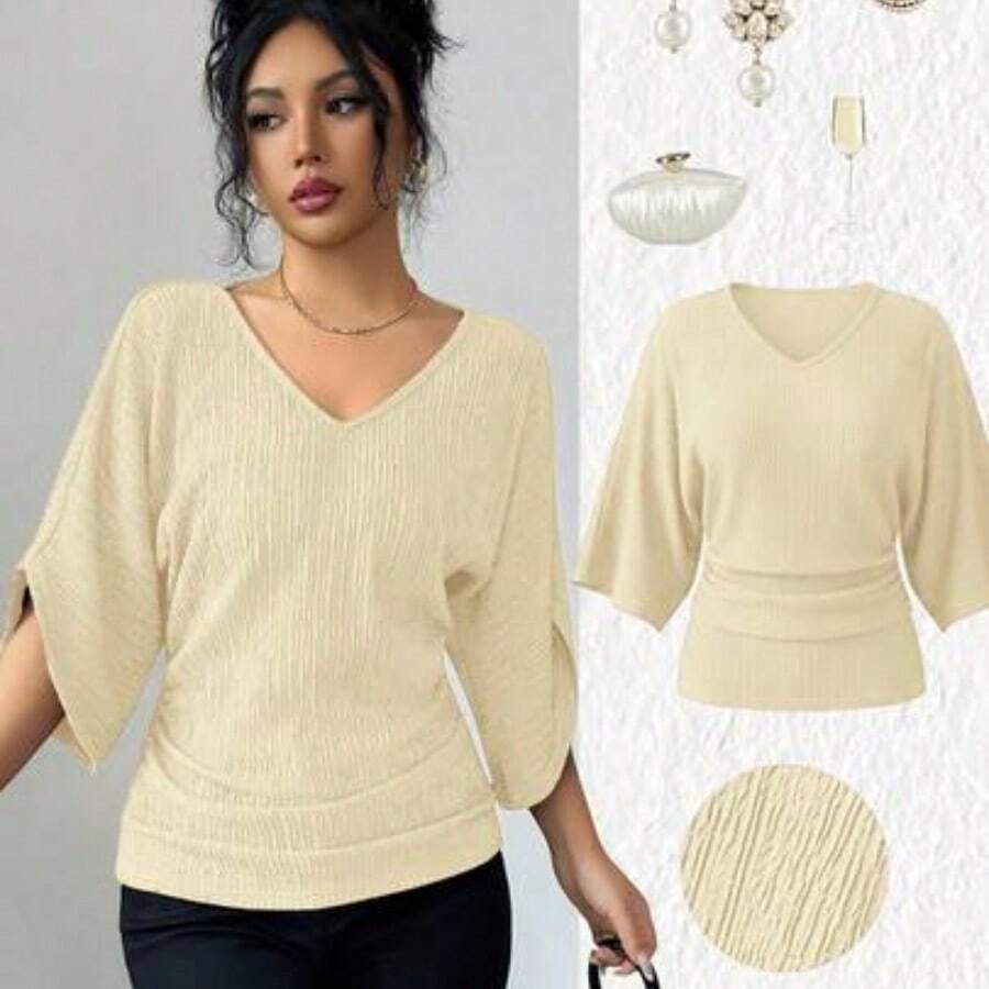 Women's Coffee Brown Textured Fabric V-Neck Loose Waist Ruched Design Elegant Classy Birthday Gift Date Party Teacher's Day Independence Day Double 11 Shopping Festival Back To School Single's Party Holiday Christmas Eve Thanksgiving Halloween Christmas Carnival Diwali New Year Travel Vacation Streetwear - Albaricoque - Ver 1