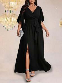 Vestido maxi elegante de fiesta con abertura, cuello en V ajustado, mangas acampanadas y cintura fruncida, talla grande para mujer - Negro 2 - Ver 6