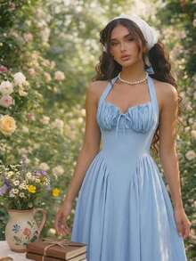 sfvsSHEIN MOD Vestido de mujer con cuello halter, fruncido y lazo, color azul marino, conjunto de ropa para fiestas, atuendo de Año Nuevo, vestido de baile de máscaras, conjunto de ropa de cumpleaños para mujer, vestido sexy azul marino, vestido con lazo, vestido de princesa para Año Nuevovfdw DIJD - Azul - Ver 2