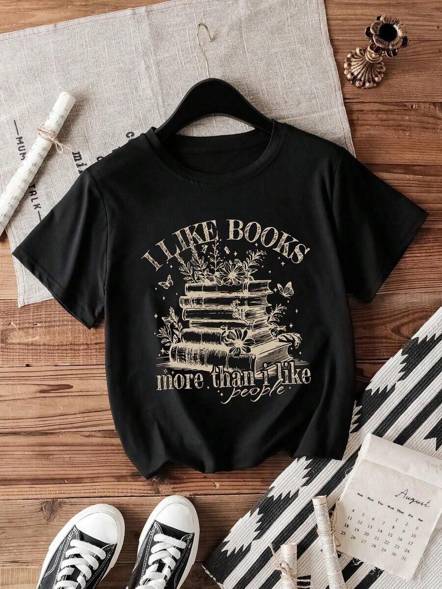 I Love Books More Than People. Women's Casual Short-Sleeved T-Shirt With A Bohemian Floral Design, Ideal For Book Lovers. Round Neck, Simple And Elegant, Suitable For Summer, Perfect For Casual Everyday Wear, A Gift For Book Lovers. Black. - 黑色 - 查看 1