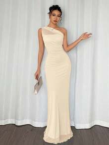 Vestido maxi ajustado de estilo elegante y romántico, con cuello asimétrico, adecuado para fiestas, vacaciones en la playa, vuelta al colegio, citas románticas, temporada de bodas, cumpleaños, Pascua, primavera/verano - Caqui - Ver 7