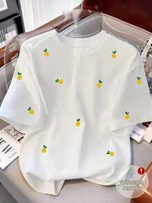 Camiseta casual de mujer con estampado de limón, camiseta gráfica con patrón de limón bordado falso de cuello redondo y estampado digital todo sobre - Blanco - Ver 4