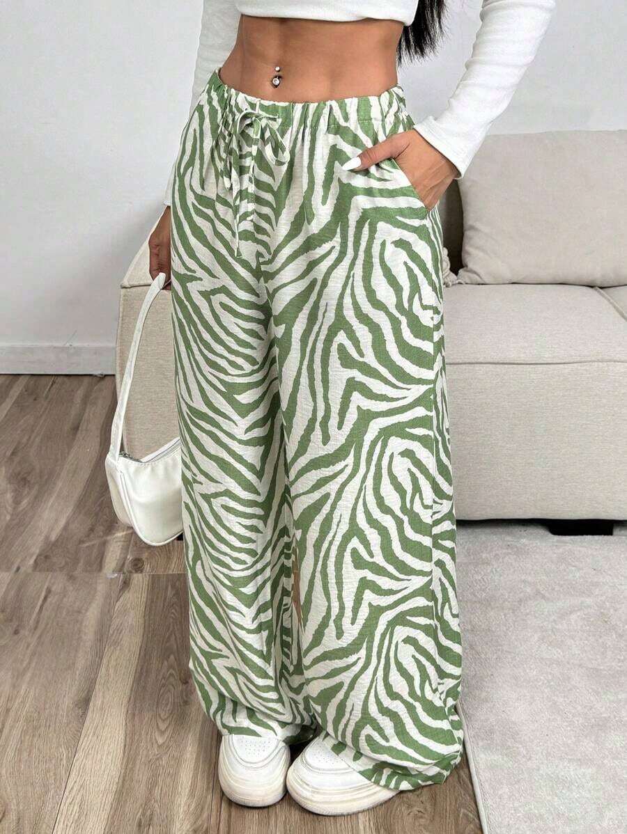 Pantalones con cordón de mujer con estampado de leopardo blanco - Verde lima - Ver 1