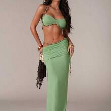 Women's Casual Vacation Ruched Waist Chain Decor Skirt, Suitable For Beach Vacation, Romantic Date, Pool Party, Beach Party, Elegant And Sexy Skirt - Verde - Ver 4