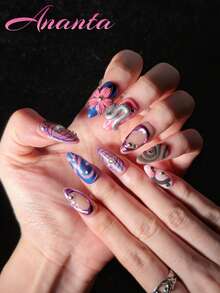 10pcs Handmade Almond-Shaped Nail Stickers, Y2K Style, Colorful Patchwork, Hand-Painted Asymmetrical Patterns, Metallic Finish, 3D Embossed Flowers, Matte Texture, Suitable For Party, Wedding, Daily Wear, Comes With Tool Kit, Fit For Girls And Women Nails - Multicolor - View 2