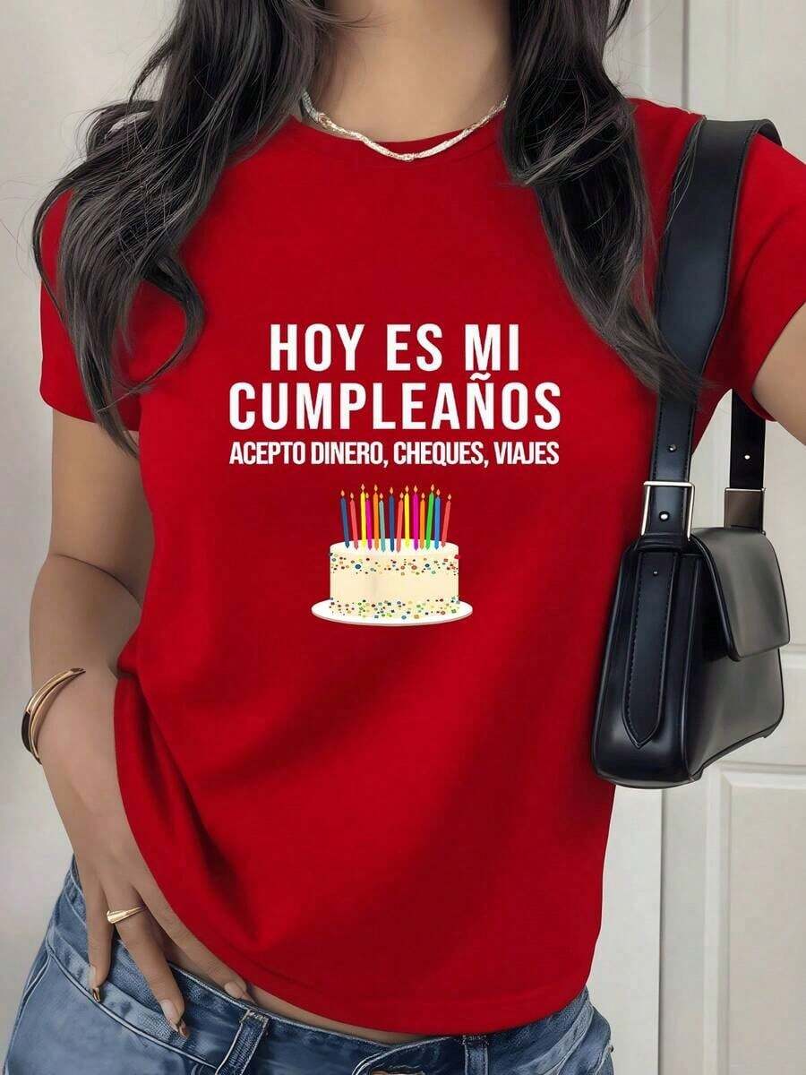 1 Pieza de Camiseta Casual de Moda para Hombres y Mujeres, Estampada con la frase divertida "Hoy es mi cumpleaños, acepto dinero, cheques, viajes y pasteles coloridos". Camiseta de mujer 100% algodón. Versátil, fácil de combinar, para uso diario, estilo urbano, ropa de vacaciones, ropa de fin de semana. - Rojo - Ver 1