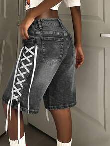 Women's Mid-Waist Elastic Denim Shorts, Unique Drawstring Design, Suitable For Daily Wear - Black - View 5