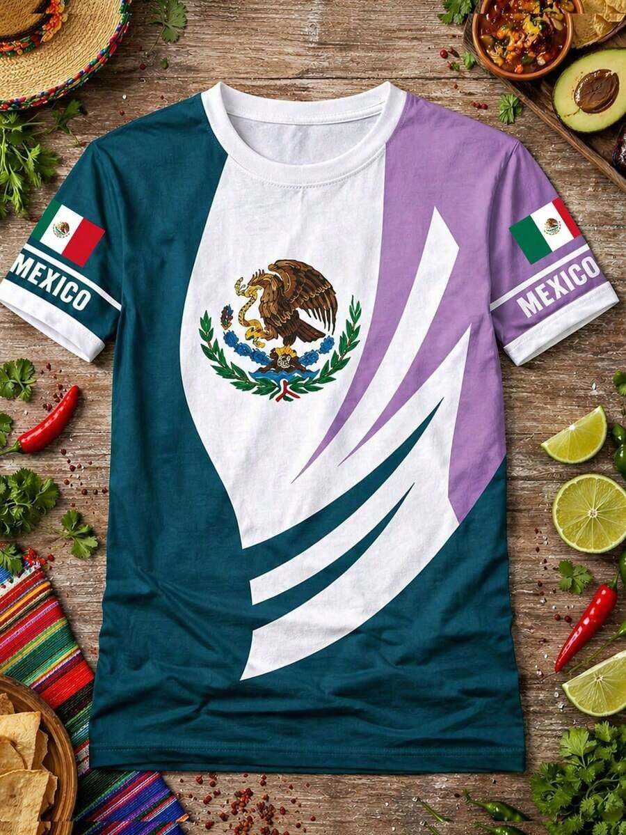 Camiseta holgada para mujer, estampada con los colores del escudo nacional y la bandera de México, ideal para la selección nacional. - Verde - Ver 1