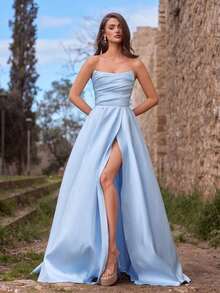 Vestido de noche elegante de mujer con fruncidos y abertura alta - Vestido formal de primavera/verano, adecuado para bodas, galas, alfombras rojas, fiestas, invitados de boda, fiesta de vacaciones de verano - Celeste - Ver 9