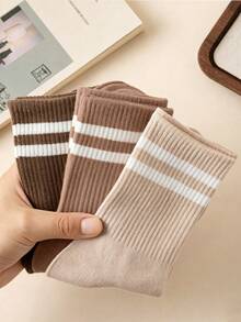 1/6 Pair [Random Delivery] Striped Mid-Calf Socks Unisex, Suitable For All Seasons, Retro College Style Versatile Breathable Comfortable Socks For Daily Commute - Multicolor - View 4