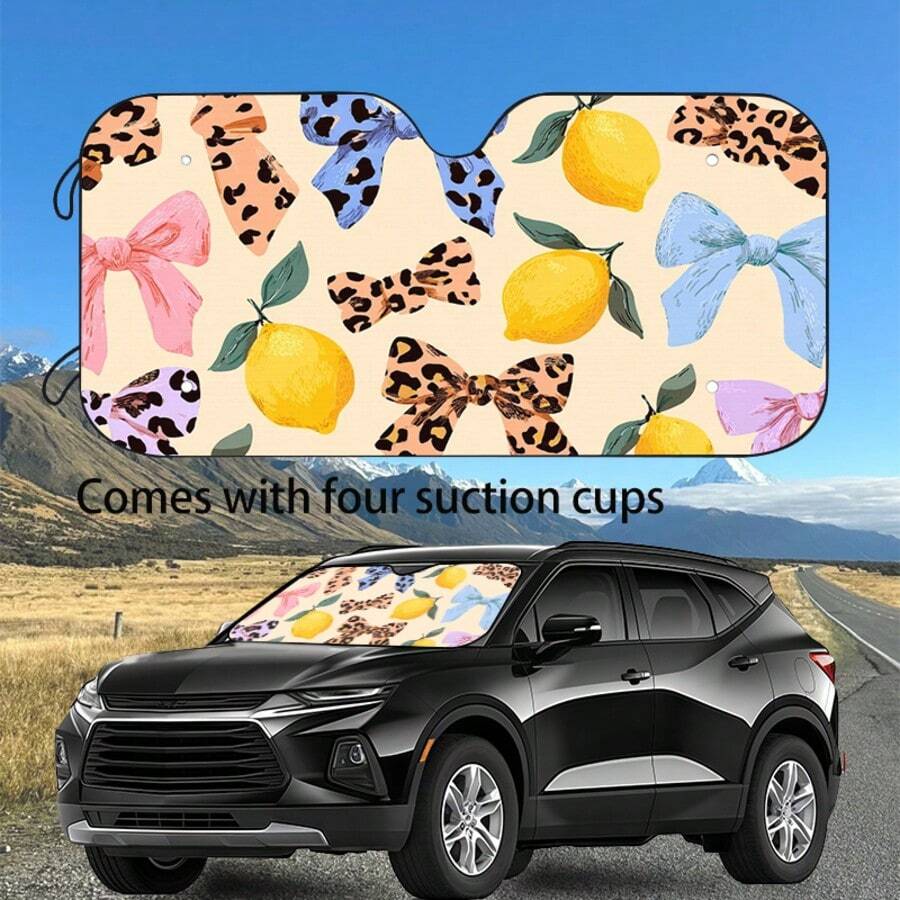1pc Multi-Color Bow Tie Car Windshield Sun Shade, Double-Layer Aluminum Foil Heat Insulation Sunshade With Printed Design - A - View 1