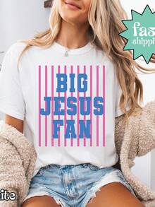 Camiseta Big Jesus Fan, Camiseta cristiana preppy, Camiseta de Jesús, Camiseta de Dios, Camiseta inspiradora de fe, Camiseta con diseño de rayas. Camiseta unisex de algodón puro de 220 g. Peso ideal para todas las estaciones, adecuada tanto para hombres como para mujeres. Tejido duradero de alta calidad, suave al tacto y de larga duración. Parte superior transpirable. Adecuada para la primavera y el verano de las mujeres, vacaciones, Día de la Madre, Día de la Independencia. - Blanco - Ver 1