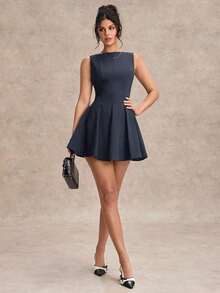 Vestido negro sólido, minimalista y sexy de corte evasé en tono burdeos para mujer, vestido para citas, vestido de dama de honor corto, vestido negro elegante para primavera/verano - Gris Oscuro - Ver 8