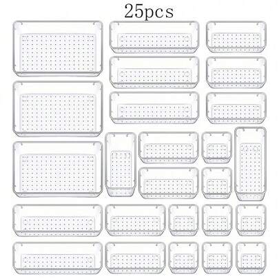 9/25 piezas Cajas de almacenamiento de plástico transparente para escritorio, juego de organizadores de cajones, contenedores de almacenamiento de maquillaje y joyería, adecuados para baño, dormitorio, oficina, vacaciones, playa, gran capacidad