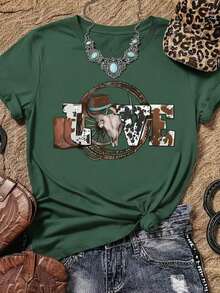 Vintage Camiseta femenina casual estilo vaquero con estampado de letras LOVE y elementos western, tela suave, corte holgado, cuello redondo, manga corta para primavera/verano fiestas al aire libreFashion 100% Cotton - Verde - Ver 7