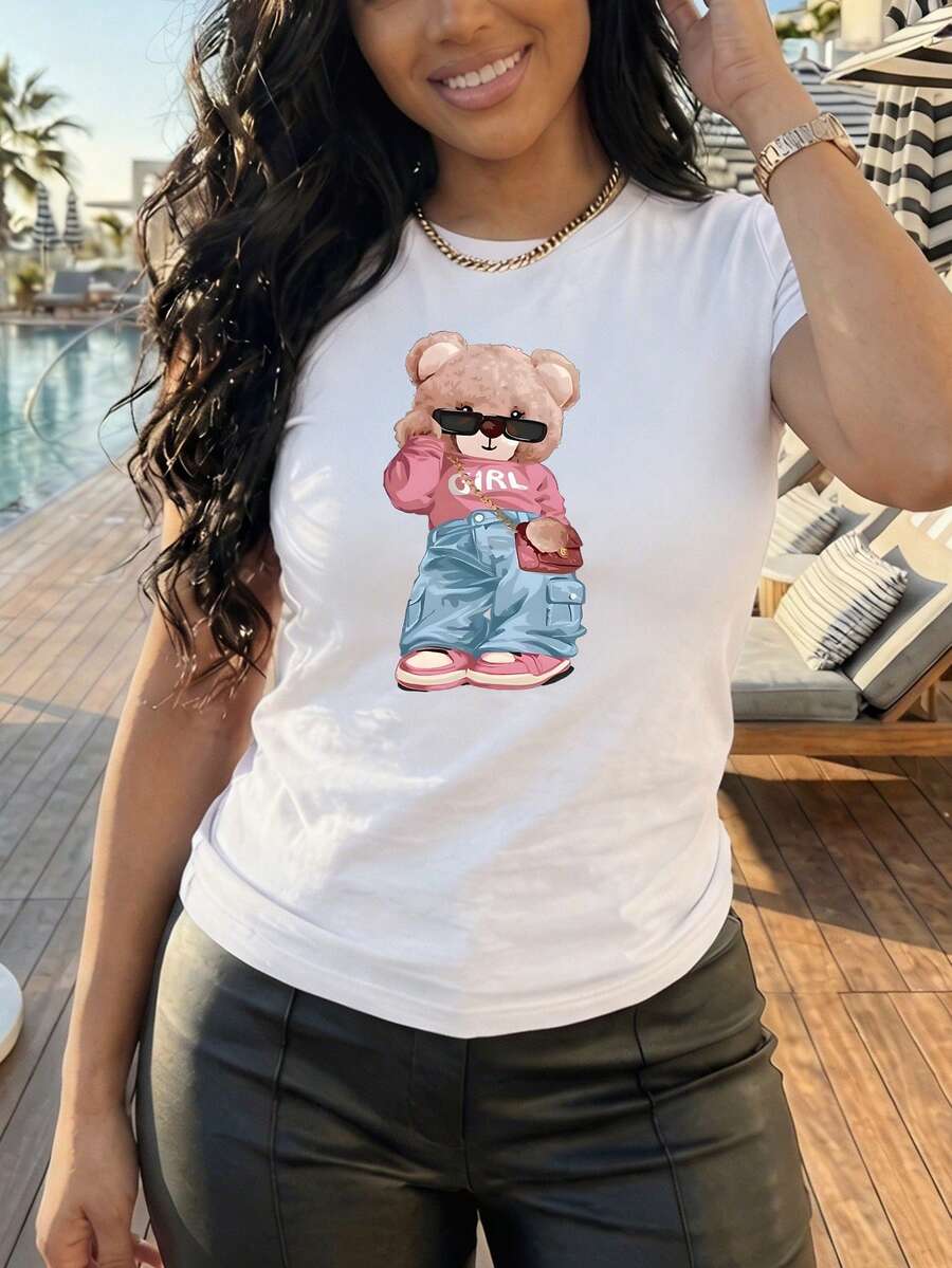 Women's Oversized Brown T-Shirt With Bear Print. Loose-Fitting Round Neck T-Shirt With A Pink Bear Wearing Glasses Design. Casual Short-Sleeved T-Shirt With A Bear, Chic And Youthful Style. - YH484-白色 - 查看 1