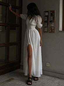 Vestido largo elegante estilo ins 2026, manga pompom, corte estilizado favorecedor con abertura - Blanco - Ver 2