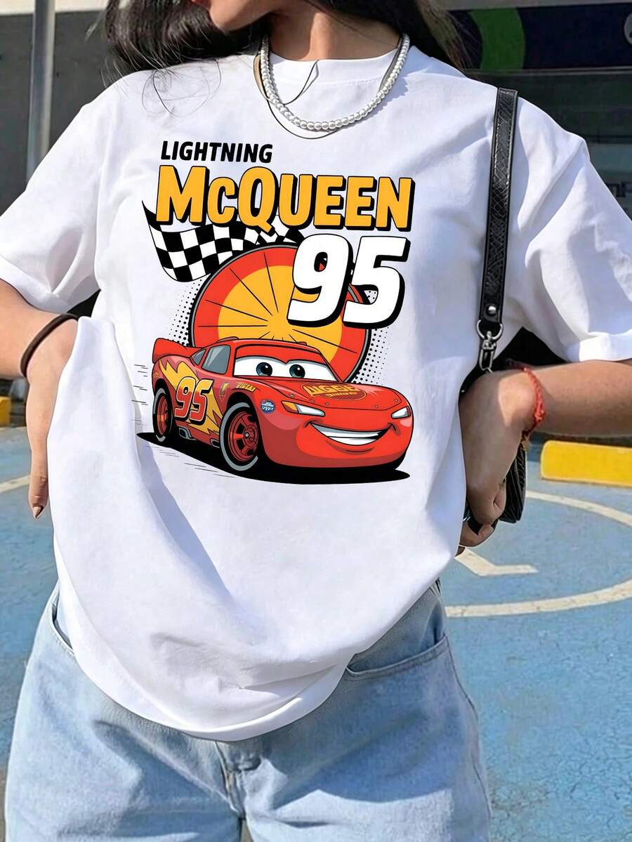 Unisex Disney Cars Lightning McQueen Tee, Racing Print, Casual Fit, Nostalgic For All Fans. - 白色 - 查看 1