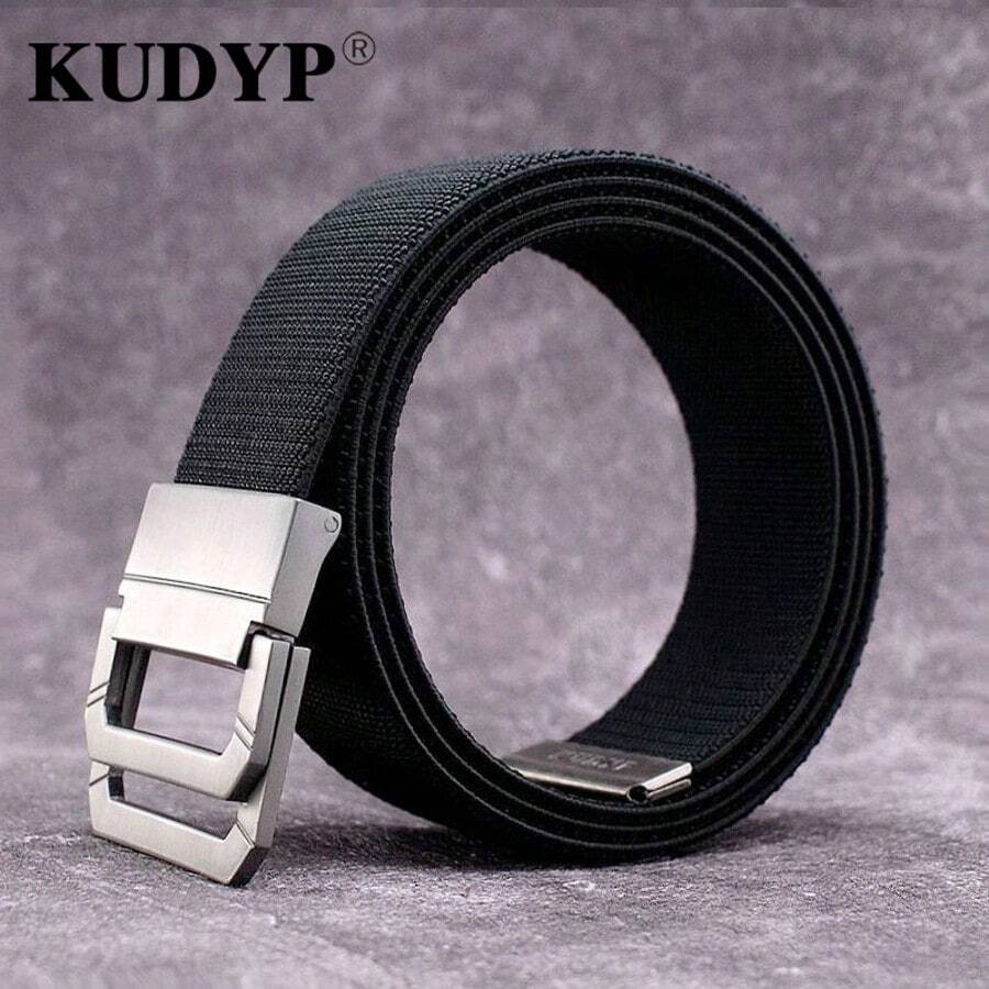 KUDYP 1件男士加長純色街頭帆布腰帶，3.8cm寬厚高彈性織帶，可拆卸金屬雙環扣，可調長度，170cm特大號，男女通用大尺碼，夏秋戶外工作服適用，百搭休閒牛仔褲彈性腰帶