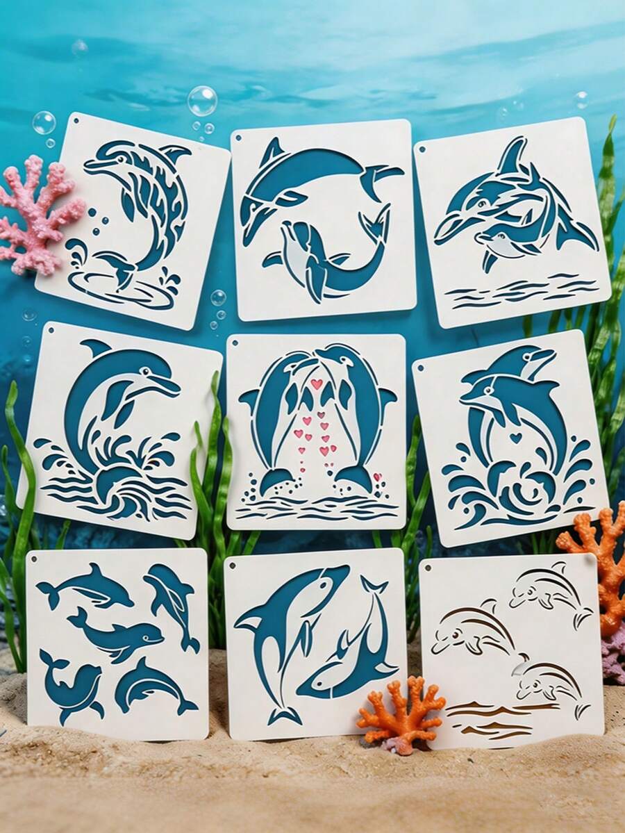 9 件套可重复使用的海豚图案模板，6x6 英寸可水洗海洋动物绘画模板，适用于墙面、画布、纺织品、DIY 手工艺品、创意艺术创作，PET 材质。 - 套裝 - 查看 1