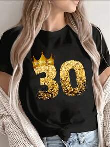 Short-Sleeved T-Shirt With A 30 Design And Gold Glitter, Perfect For Birthday Celebration Parties, Lightweight And Durable, Comfortable Fit For Women, For Casual Wear At Home Or In A Restaurant - 黑色 - 查看 6