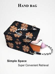Tas tangan wanita kasual colorblock ini menampilkan desain pegangan tali anyaman hitam dan putih, sangat cocok untuk wanita pekerja, guru, dan pelajar. - Coklat - View 5
