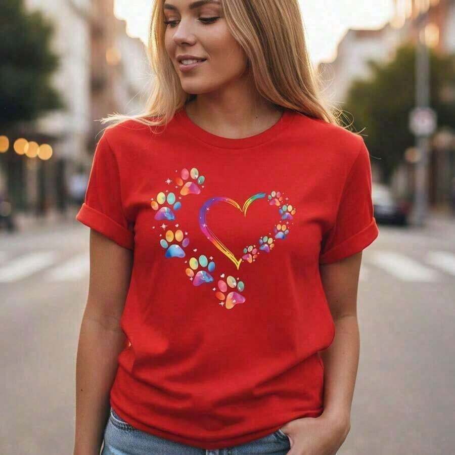 Women's Cotton Graphic T-Shirt, Modern And Minimalist Style, Short Sleeve, Round Neck, With Rainbow Heart And Paw Print, Casual, Sizes S-XL, Fabric, Daily Wear, Cute And Fashionable Top For Pet Lovers, Basic T-Shirt With Colorful Animal Print Design, Summer T-Shirt For Women, Casual For Everyday Wear - 紅色 - 查看 1