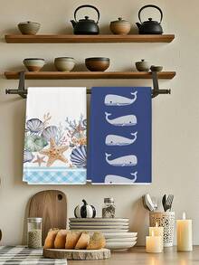 2pcs Whale & Shell Pattern Kitchen Towels, Watercolor Ocean Style Dish Cloths, Suitable For Farmhouse Kitchen & Home Decor - Blue - View 9