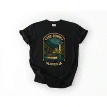 Slovenia Lake Bošini T-Shirt, Comfortable Color T-Shirt - Triglav National Park Design, 100% Pure Cotton, Comfortable Color, Short Sleeve And Round Neck Design, New Women's Slim Fit T-Shirt With Round Neck, Spring/Summer Design Style, Couple Style, Perfect To Wear Together. - 黑色 - 查看 7