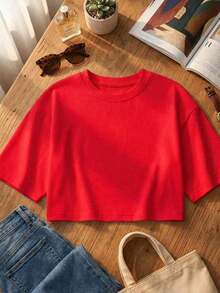 Blusa de mujer de cuello redondo, manga corta, holgada y casual, adecuada para primavera y verano, con estilo minimalista, elegante y sexy Y2K, versátil para el trabajo, el hogar y salir - Rojo - Ver 2