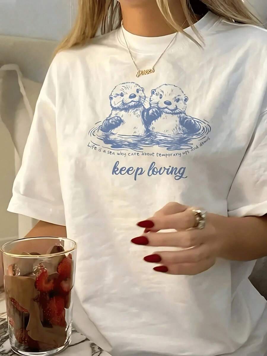 Women's 100% Cotton T-Shirt With A Sweet Otter Graphic Print, Casual Loose Style, Short Sleeves, Ideal For Summer, Soft And Breathable For Everyday Wear - 白色 - 查看 1