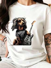 Unisex Cotton T-Shirt With Graphic Design Of A Dog Playing Electric Guitar In A Rock Band, For Men And Women, Gift For Music Lovers, Summer Casual Wear > Beautiful. - 白色 - 查看 7