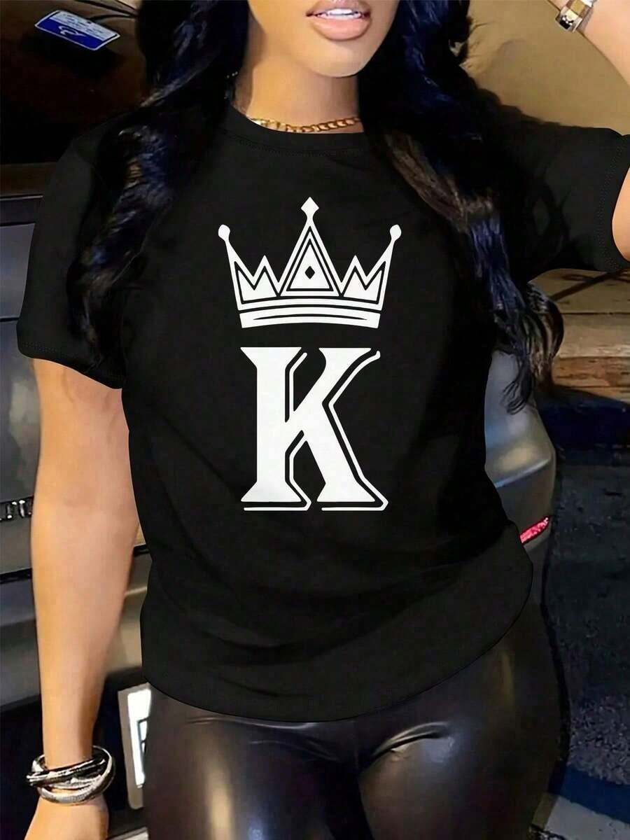 Camiseta de manga corta para mujer | Envíos a México | Tela Transpirable de Alta Calidad | Camiseta holgada de manga corta con estampado en blanco y negro para mujer | Crown y K Design | Negro | Lavable a máquina | Top Casual Deportivo de Cuello Redondo | Moda Holgada y Cómoda | Regalo Unisex para las Fiestas | Conjunto para Parejas | Ropa de Primavera y Verano | Adecuado para todas las estaciones | Transpirable y Absorbente de Sudor para Deportes, Correr y Senderismo | Ropa de Mujer - Ocio - Negro - Ver 1