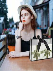 Reusable Transparent Plastic Gift Bags With Hollow Handles, Suitable For Mother's Day, Wedding, Graduation, Bridal Shower, Baby Shower, Decorated With Ribbons - Black - View 4