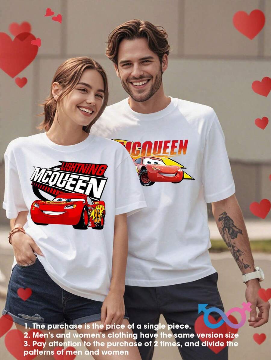 Disney Lovers Pure Cotton T-Shirt-Car Lightning McQueen Print Series, Unisex Summer Casual Wear, Very Suitable For Outdoor Activities, Travel And Vacation, Is An Ideal Choice For Dating And Expressing Love. - 女士T卹 - 查看 1