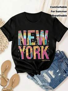 Women's New York Skyline Print T-Shirt | Short-Sleeve Crew Neck T-Shirt, Soft And Breathable, With A Vibrant Cityscape Design, Casual And Comfortable For Summer, Fitness And Outdoor Activities, Ladies' T-Shirts, Everyday Comfort, Geometric Pattern T-Shirt, Comfortable Fit T-Shirt. - 黑色 - 查看 7