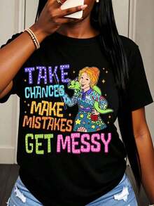 Aprovecha las oportunidades, comete errores, hazte un lío: Camiseta con diseño de princesa y dragón para mujer, divertida y colorida, ideal para uso diario, fiestas o festivales. - Negro - Ver 7