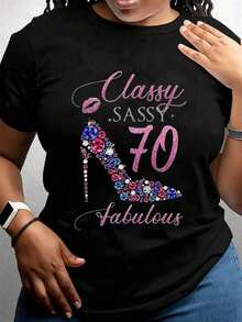 Camiseta Elegante y Atrevida para Cumpleaños de 70 Años, Diseño de Tacón Alto Brillante para Mujer, con Pedrería Rosa y Azul, Regalo para Fiesta de 70 Cumpleaños - Negro - Ver 7