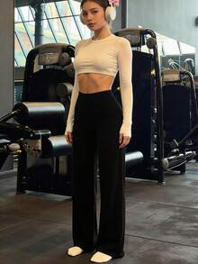 Solid Color High Waist Casual Straight Leg Stretch Pants - Black - View 3