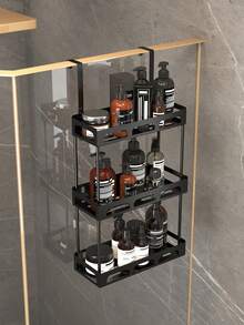 Large Capacity Black Metal Shower Caddy, Shower Door Hanging Storage Rack, Rust-Proof Polished Surface, Wall-Mounted Bathroom Organizer, Suitable For Storing Shower Essentials, Bathroom Shower Shelf, Bathroom Storage And Organization - Black - View 1