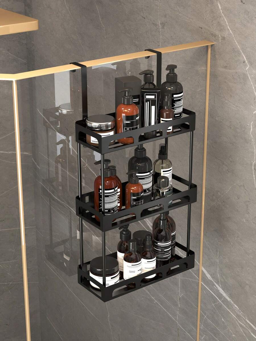 Large Capacity Black Metal Shower Caddy, Shower Door Hanging Storage Rack, Rust-Proof Polished Surface, Wall-Mounted Bathroom Organizer, Suitable For Storing Shower Essentials, Bathroom Shower Shelf, Bathroom Storage And Organization - Black - View 1
