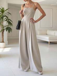 de pierna ancha holgado con pliegues plegados de unicolor para uso casual y diario de verano para mujeres - Albaricoque - Ver 3