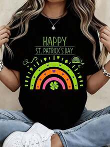 Women's Casual White T-Shirt With Rainbow Shamrock Print To Celebrate St. Patrick's Day - 黑色 - 查看 6