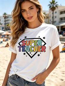 1 Piece Of Women's Graphic T-Shirt With "Super Teacher" Print, Rainbow Color Print, Round Neck, Short Sleeve, Casual Style, Loose And Comfortable, Ideal As A Gift For Teachers, For Daily And School Use, Women's Clothing For All Seasons. - 白色 - 查看 4